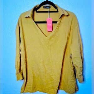 Flamingo Women’s Gold Collared V-Neck Casual Blouse Size XL New!